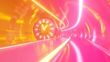 Yellow Clock-like Portal In The Form Of Pink-bottom Pill And Time-clock Pink Road, Half Of It Comes A Dynamic Pink Road With Yellow Shines And Flash Tracks With Curves Of 