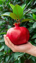 Wall Mural - Hand holding ripe pomegranate on blurred background with space for text placement