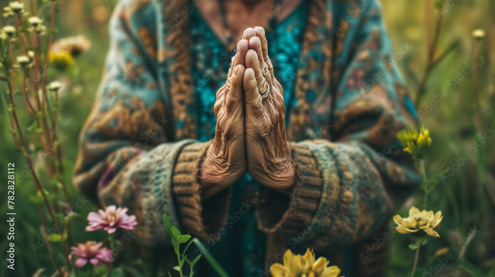 Elderly hands in prayer position amidst wildflowers. Spirituality and ...