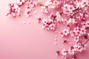 Wall Mural - cherry flowers over pink background with copy space