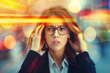 stressed woman in eyeglasses over colorful background