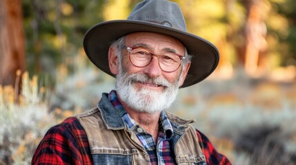 Wall Mural - A man wearing a hat and glasses is smiling