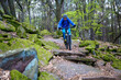 Mountainbiker auf einem verblockten Trail der Schwierigkeitsskala S 2 im Pfälzerwald