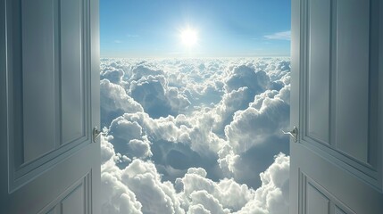 Wall Mural - The sky is filled with clouds and the sun is shining through the open door