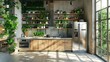 Eco friendly kitchen with energyefficient smart appliances, recycled materials, and indoor plants, showcasing sustainability