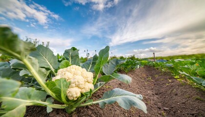 Wall Mural - cauliflower - Brassica oleracea - white head is composed of a white inflorescence meristem edible curd with green leaves growing in nutrient rich dirt, earth or soil side view with row space, blue sky