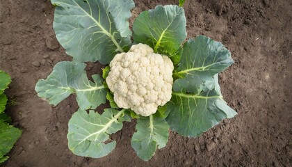 Wall Mural - cauliflower - Brassica oleracea - white head is composed of a white inflorescence meristem edible curd with green leaves growing in nutrient rich dirt, earth or soil viewed from above