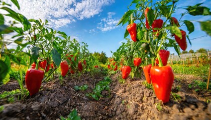 Wall Mural - red bell pepper - Capsicum annuum - young tender delicious plants growing in nutrient rich dirt soil or earth,  green leaves, ready to be harvested for human consumption side view with empty row space