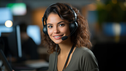 Young friendly operator woman agent with headsets working in a call centr