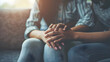 Couple hold hand support each while discussing family issues with psychiatrist. Husband encourages and empathy wife suffers depression. psychological, save divorce, Hand in hand together, trust, care