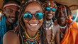 Smiling Group of Friends in Traditional African Attire with Sunglasses