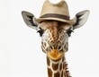 Close-up of the face of a giraffe in a hat