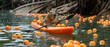 Cute capybara sailing a boat kayak in the water among tangerines