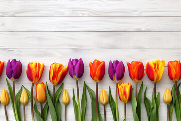 Poster - Colorful tulips in a row on a white painted wooden background. Place for text. Mother's Day background. Created with Generative AI technology.