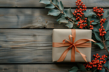 Poster - Gift box with ribbon on a wooden background. Mother's Day background. Created with Generative AI technology.