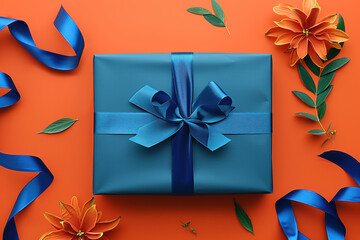Poster - Blue gift box with ribbon bow on an orange background. Colorful Mother's Day background. Created with Generative AI technology.