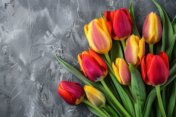 Poster - Red and yellow tulips on a grey stone background. Mother's Day background. Created with Generative AI technology.