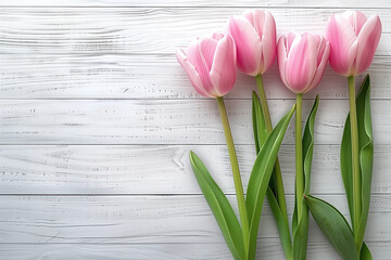 Poster - Pink tulips on a wooden background. Mother's Day background. Created with Generative AI technology.