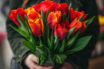 Poster - Red tulips in person's hands. Mother's Day background. Created with Generative AI technology.