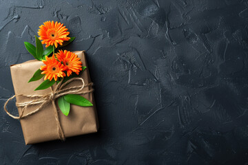 Poster - Flowers and a gift box on a blackboard. Place for text. Mother's Day background. Created with Generative AI technology.