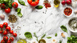 Tomatoes, Olive Oil, and Herbs on Marble Background. Fresh tomatoes, aromatic herbs, spices, and olive oil set on white marble, perfect for Mediterranean cuisine concepts, recipe websites,and culinary