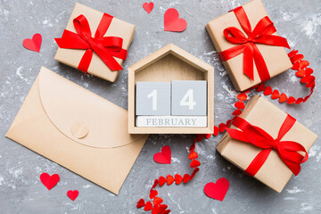 Wall Mural - Valentine Day theme with wooden block calendar. Greeting card template for Valentines Day copy space for text