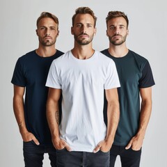 Wall Mural - Three men in white, blue, and green shirts.