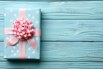 Poster - Soft blue colored gift box with a pink ribbon and bow on a blue painted wooden background. Place for text. Mother's Day background. Created with Generative AI technology.
