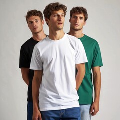 Wall Mural - Three male models in green, blue, and white t-shirts