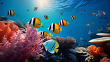 Fototapeta Uliczki - A squadron of dazzling butterflyfish flitting among coral heads, their vibrant hues creating a mesmerizing spectacle against the backdrop of the tropical sea