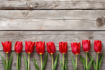 Poster - Red tulips in a row on a wooden background. Place for text. Mother's Day background. Created with Generative AI technology.