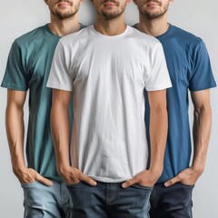 Canvas Print - Three male models in green, blue, and white t-shirts