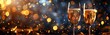 New Year's Toast: Sparkling Glasses & Golden Ribbon on Black Bokeh Sky
