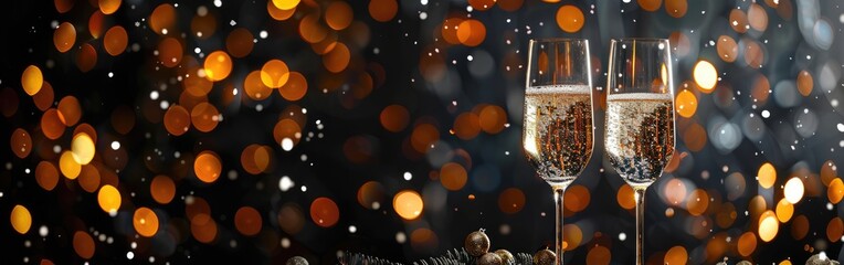 New Year's Toast: Sparkling Glasses & Golden Ribbon on Black Bokeh Sky