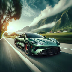 The Rapid Eco-Racer: A Modern Green Car Captured in High-Speed Motion