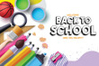 Back to school vector template design. Welcome back to school greeting text with education color pencil, brush, magnifying glass and water color decoration elements for educational background. Vector 