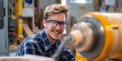 Wall Mural - Young male carpenter working in a carpenter shop