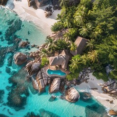 Sticker - A white sandy beach, palm trees and a blue ocean with large rocks with a house and pool.