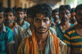 Fototapeta  - group of youth Indian men standing next to each other in row and posing for a picture, likely representing a village or community during Election or Social Event Purpose.