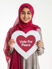 Wall Mural - Voter awareness during election or voting time, a young muslim woman wearing a hijab is holding a campaign sign that says 