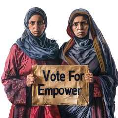 Canvas Print -  Voter awareness during election or voting time, two muslim women standing next to each other, holding a sign that reads Vote for Empower. Fictional Character Created by Generative AI.