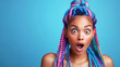 A woman with colorful hair and a surprised expression. The hair is in a high bun and is very long. Young woman with colourful braids hair, screaming or shouting, surprised look. Wide banner copy space