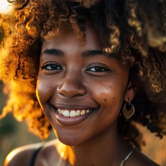 Wall Mural -  A Happy Portrait of Beautiful Smiling African Woman with Curly Hair in Sunlight Posing for a Photo Fictional Character Created by Generative AI.