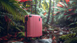 Magenta suitcase rests on jungle rock amidst lush vegetation