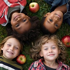 Top View Children Group Photo of Cute Smiling Little Girl and Boy Lying Down with Apples on grass Field.  Fictional Character Created by Generative AI.