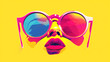 A woman's face is shown with a pair of sunglasses on. The sunglasses are pink and blue, and the woman's lips are red. The image has a bright, cheerful mood, and it seems to be a fun, playful design.