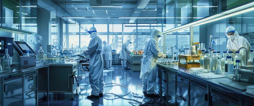 Laboratory Safety Procedures, Illustrate a laboratory setting with scientists following safety protocols, wearing personal protective equipment (PPE), and handling hazardous materials safely