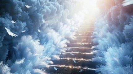 Wall Mural - A divine staircase of white, glowing feathers, creating a path through a peaceful, heavenly realm filled with soft, radiant light. 