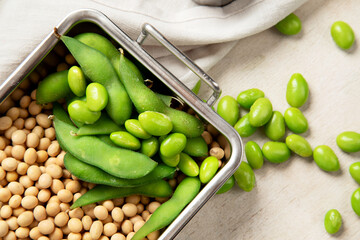 Wall Mural - Soybeans on light cotton and wooden background. Vegan food concept.