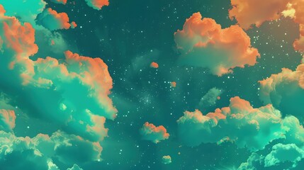Wall Mural - A fantasy sky where neon clouds in shades of teal and coral float against a backdrop of a star-filled universe. The scene suggests a celestial wonderland.